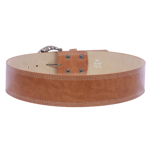 Womens Wide 2 1/4 " Stitching Edged Plain High Waist Leather Belt
