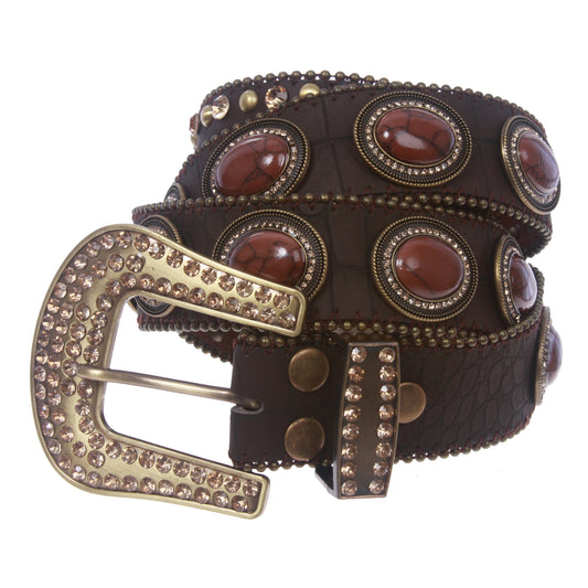 Snap On Western Crocodile Print Oval Brown Stone Studs Rhinestone Leather Belt