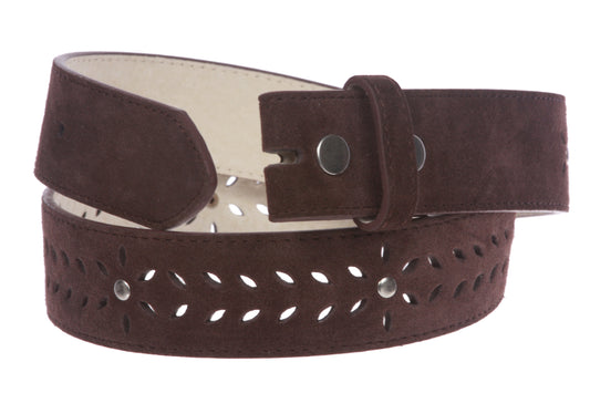 1 1/2" (38 mm) Snap on Suede Perforated Studded Leather Belt Strap