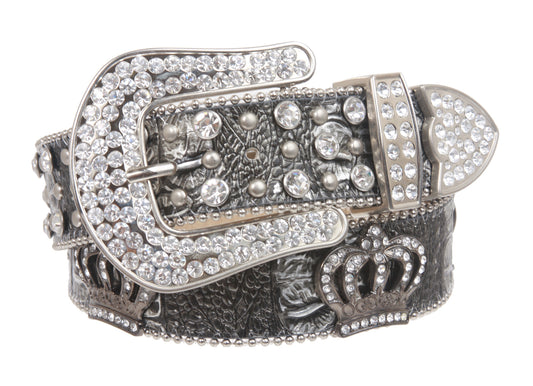 Snap On Rhinestone Crown Silver Circle Studded Genuine Leather Belt