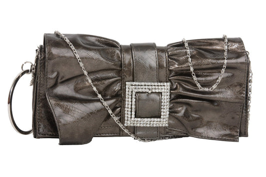 Rhinestone Buckled Metal Circle Let Ruffled Bow Design Patent Evening Bag