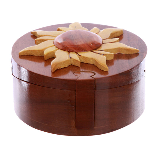 Handcrafted Wooden Round Shape Sun & Sunshine Secret Jewelry Puzzle Box - Sun