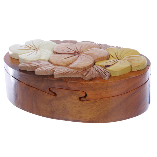 Handcrafted Wooden Flowers Shape Oval Secret Jewelry Puzzle Box - Flowers