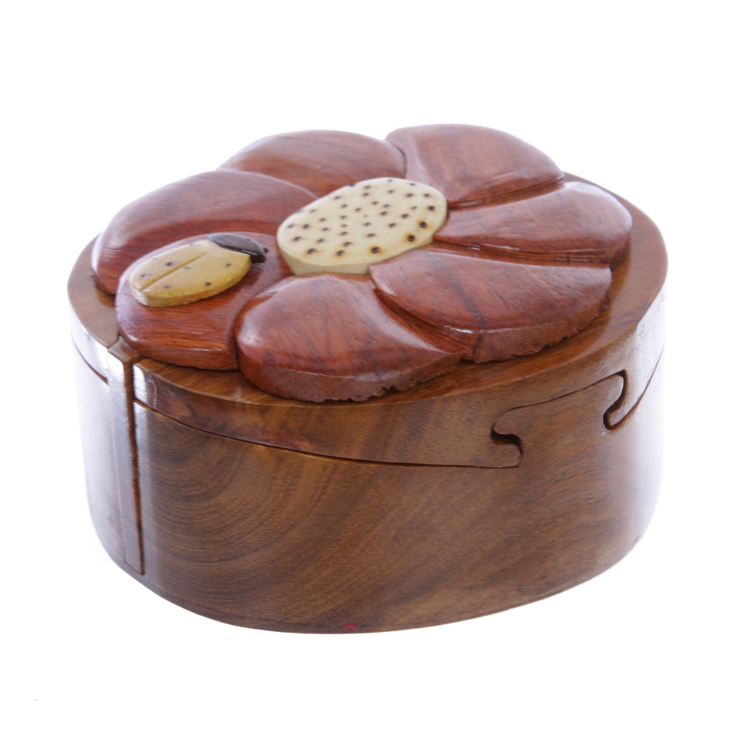 Handcrafted Wooden Beatle & Flower Round Shape Secret Jewelry Puzzle Box - Beatle & Flower