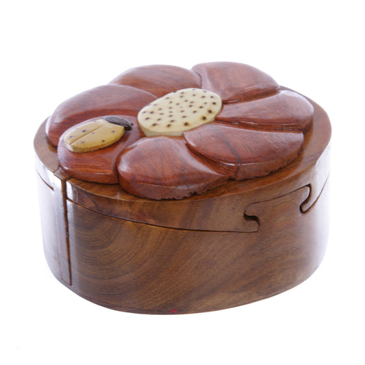 Handcrafted Wooden Beatle & Flower Round Shape Secret Jewelry Puzzle Box - Beatle & Flower