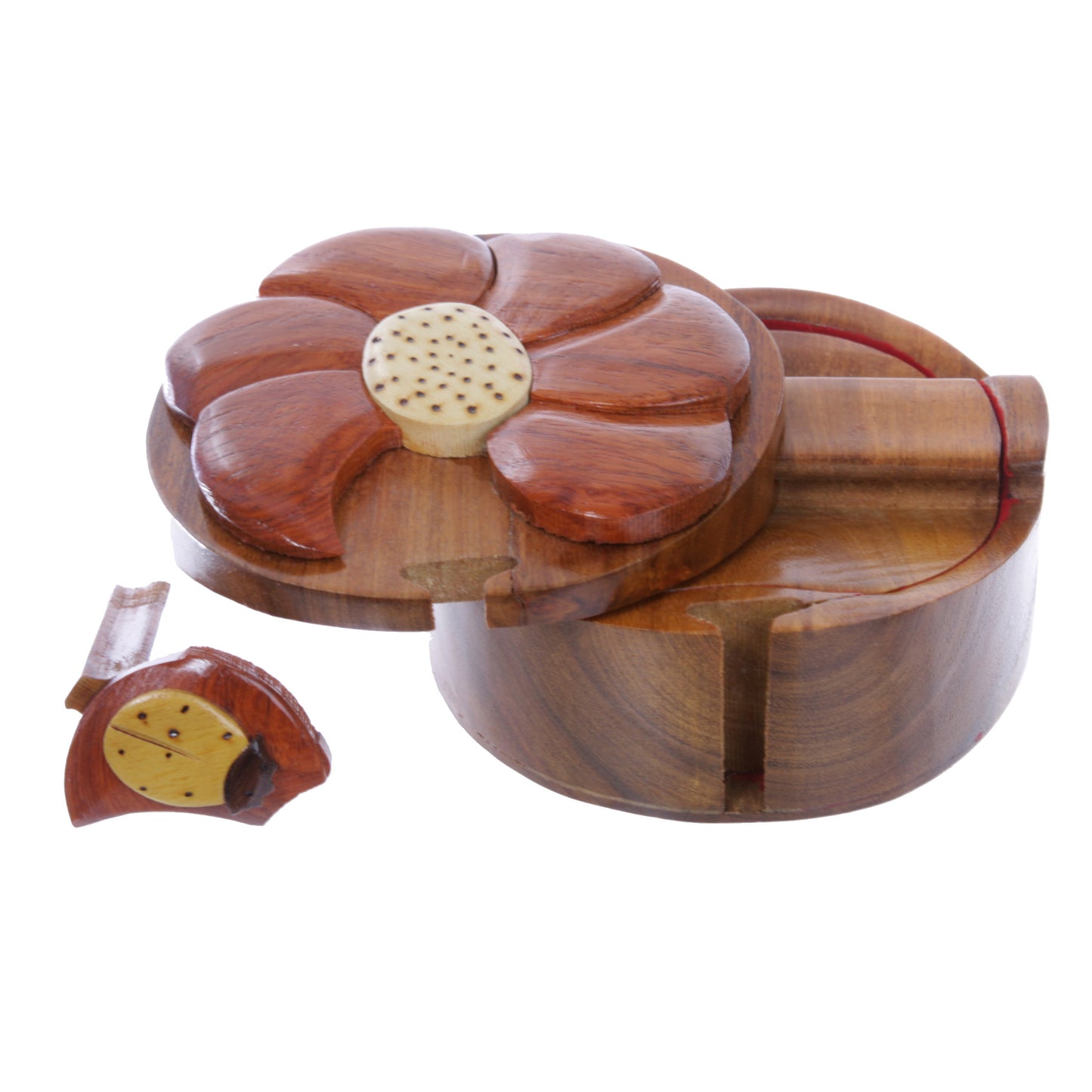 Handcrafted Wooden Beatle & Flower Round Shape Secret Jewelry Puzzle Box - Beatle & Flower