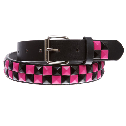 Kids Snap On Punk Rock Black & Hot Pink Star Studded Checkerboard Leather Belt