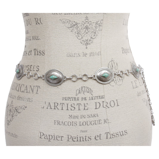 Women’s Western Concho Chain Belt with Turquoise Accents – Adjustable 41" Length