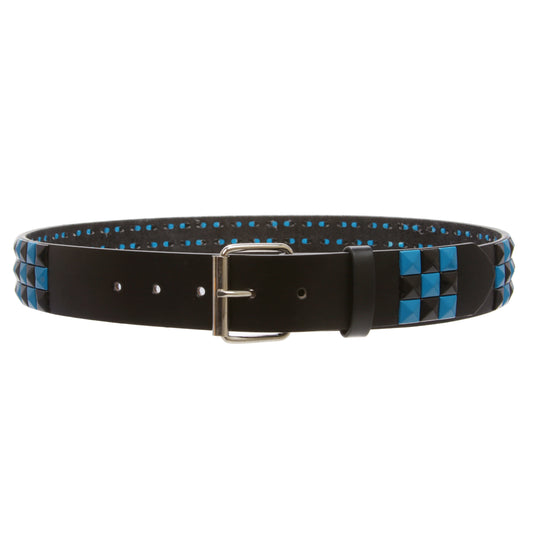 Snap On Punk Rock Black & Azure Blue Star Studded Checker Board Leather Belt