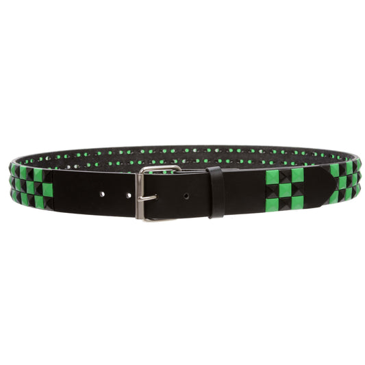 Snap On Punk Rock Black & Green Star Studded Checker Board Leather Belt