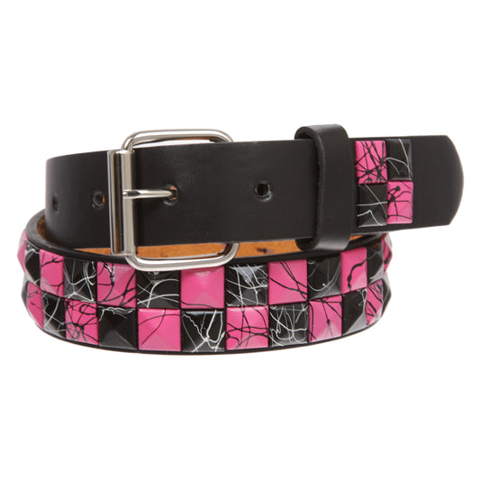 Kids' Fuchsia Black Checkerboard Studded Leather Belt ?€? Snap-On for Custom Buckles