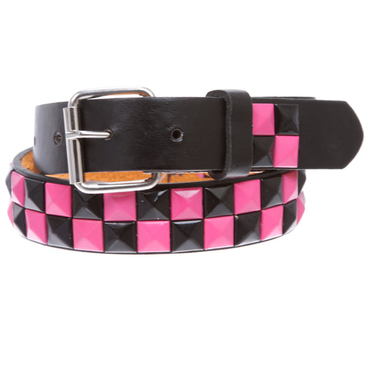 Kids 1" Snap On Black & Fuchsia Checkerboard Punk Rock Studded Leather Belt