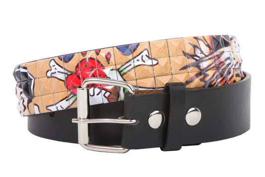 Snap On 1 1/2" Skull & Cross Bone Printed Punk Rock Studded Belt