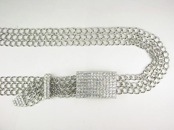 Ladies SQUARE Clear Rhinestone Belt Buckle Metal Chain Belt
