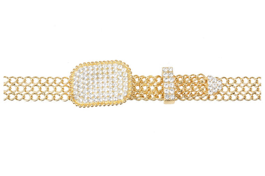 Women's Clear Rhinestone Rectangular Metal Chain Belt