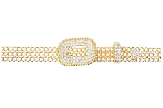 Women's Clear Rhinestone Open Rectangular Metal Chain Belt