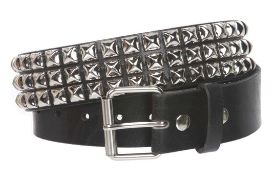 1 3/4" Snap On Three Row Punk Rock Star Metal Silver Studded Solid Leather Belt
