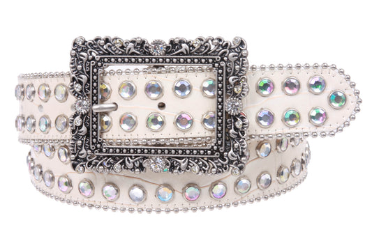 Western Square Rhinestone Flower Buckle Croco Leather Belt