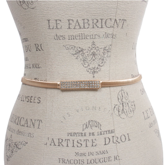 Women's Metal Skinny Elastic Waistband Belt With Square Rhinestone buckling
