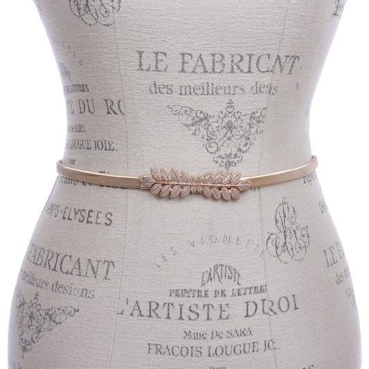 Women's Gold Metal Dress Thin Elastic Belt With Leaf Buckling