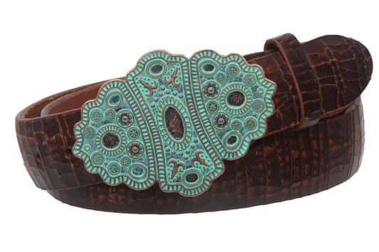 1 1/2" Snap On Antique Vintage Brass Finish Belt Buckle w/ Vintage Solid Leather Belt