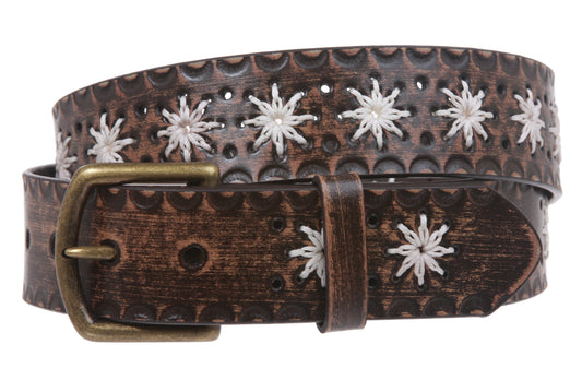 Snap on Flower Embossing Vintage Leather Belt