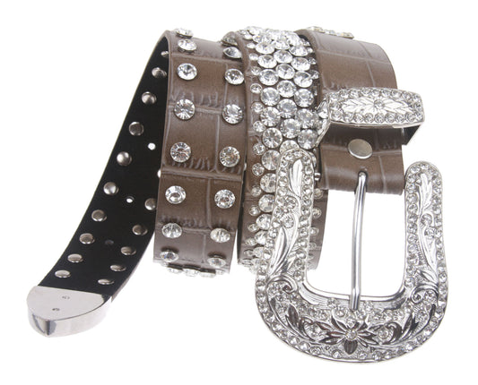 Snap On Western Faux Crocodile Print Rhinestone Leather Belt