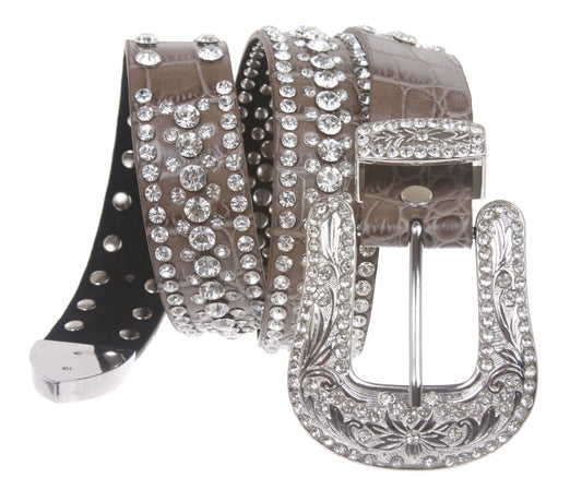 Snap On Western Faux Crocodile Print Rhinestone Leather Belt