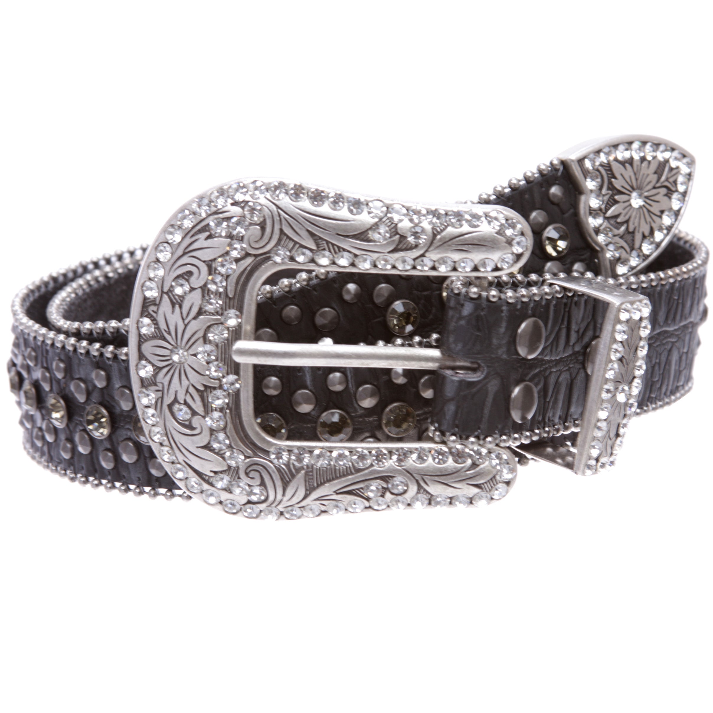 Rhinestone Studded Western Leather Belt, Detachable Buckle, Fits Waist 28-47 DBFBDTU Western Rhinestones Belt Removable Strap Leather  main image 3