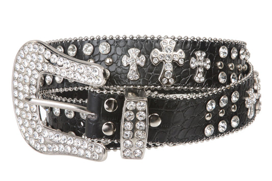 Snap On Western Cowgirl Alligator Rhinestone Cross Leather Belt