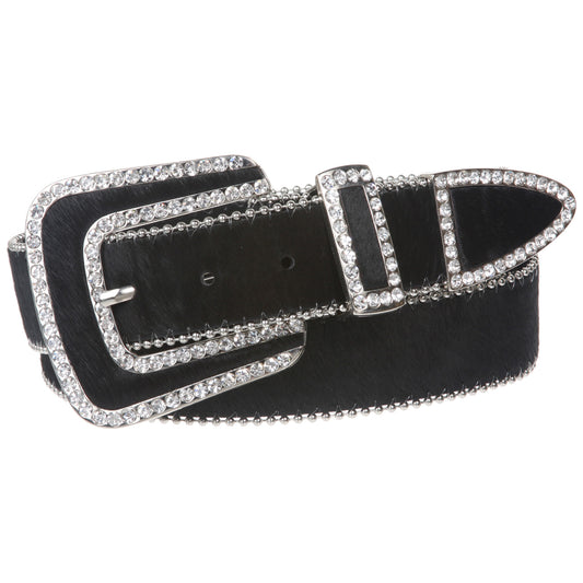 1 1/2" Hair Calf Rhinestone Ornaments Genuine Leather Belt