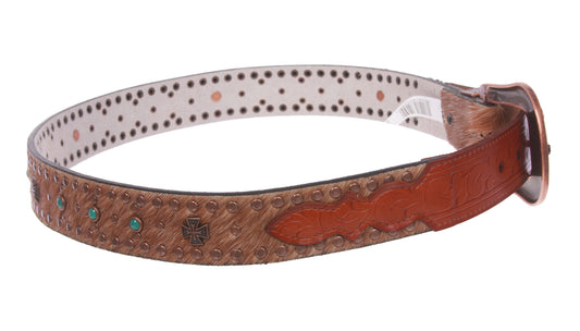 Western Cowgirl Snap On Cross Turquoise Studded Leather Belt With Animal Fur