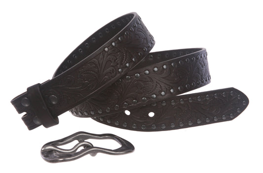 Snap On 1 1/2" Soft Hand Vintage Cowhide Leather Floral Embossed Rivet Studded Casual Belt