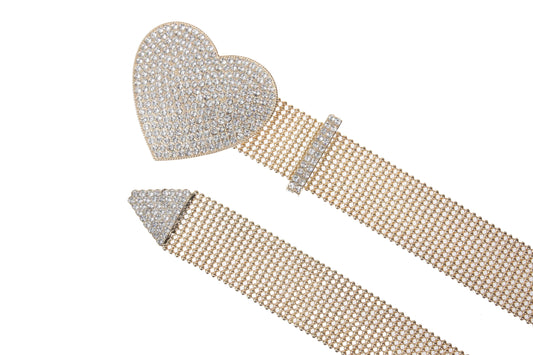 1 1/2" Rhinestone Encrusted Heart Mesh Metal Ball Chain Belt