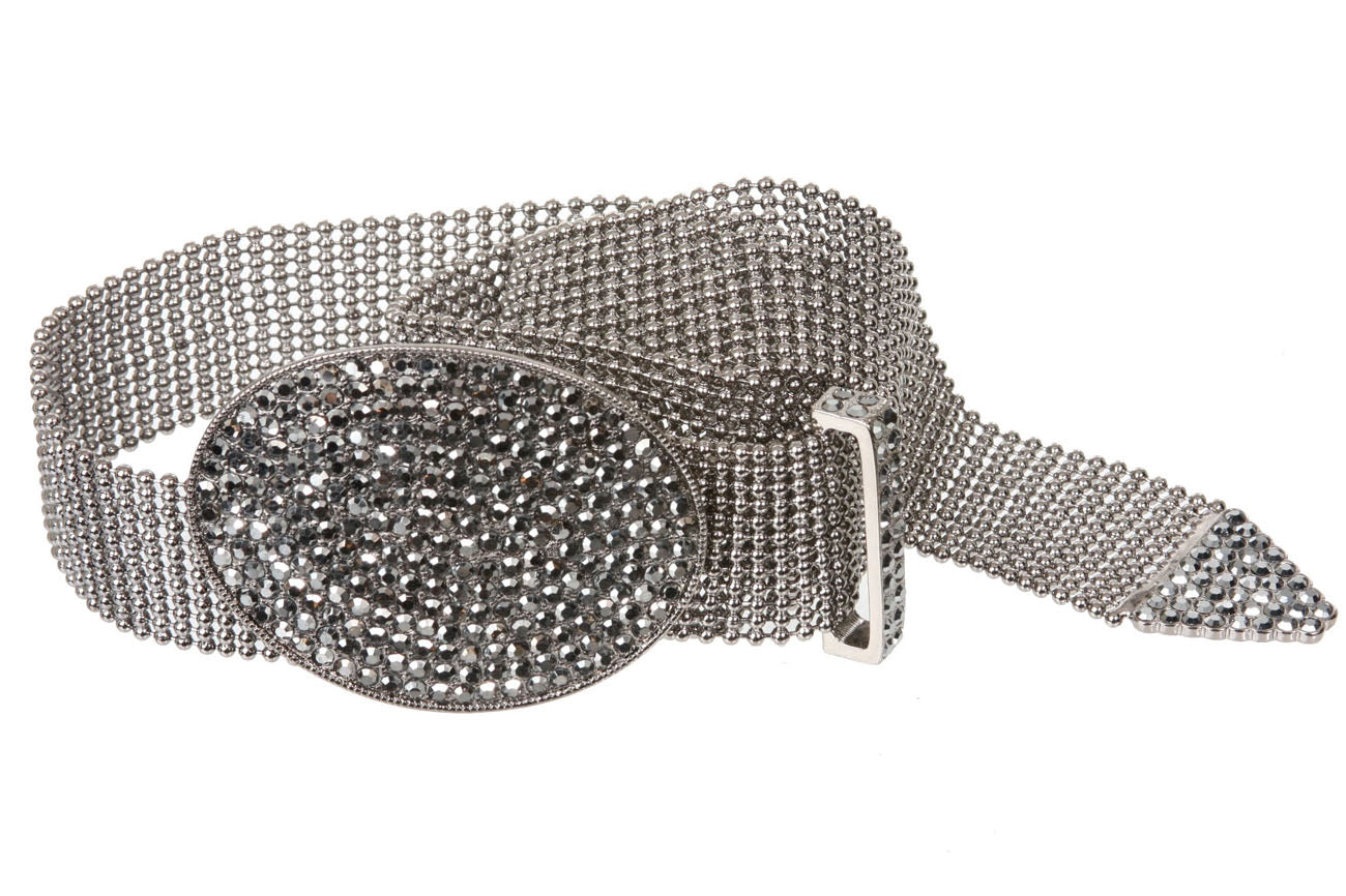 1 1/2" (38 mm) Hematite Rhinestone Oval Metal Ball Chain Belt