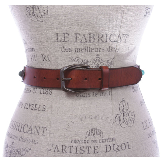 Women's Western Antique Copper Concho Turquoise Stone Studded Leather Belt