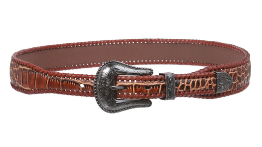 Western Croco Print Braiding Edged Leather Belt