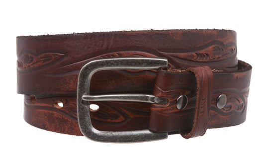 Snap On Floral Embossed Cowhide Full Grain Leather Casual Belt