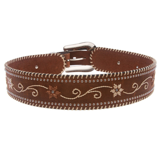 Women's 2 1/4" Wide High Waist Flower Embroidered Studded Vintage Belt
