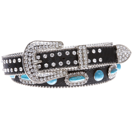 Skinny Western Rhinestone Turquoise Concho Leather Belt