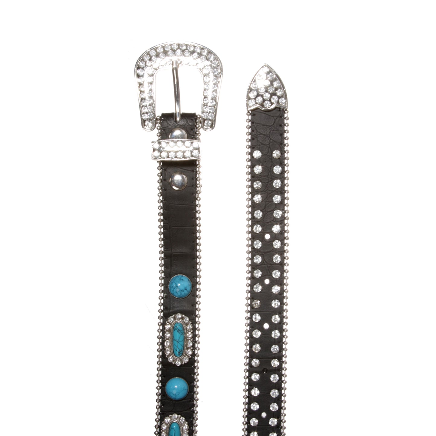Skinny Western Rhinestone Turquoise Concho Leather Belt
