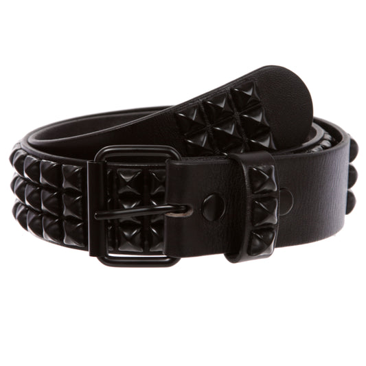 Three Row of Punk Rock Star Metal Black Studded Leather Belt