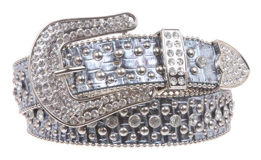 Ladies Rhinestone Studs Croco Print Leather Belt