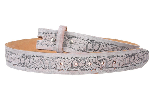 Snap On Embossed Birds and Leaves Genuine Leather Belt Strap