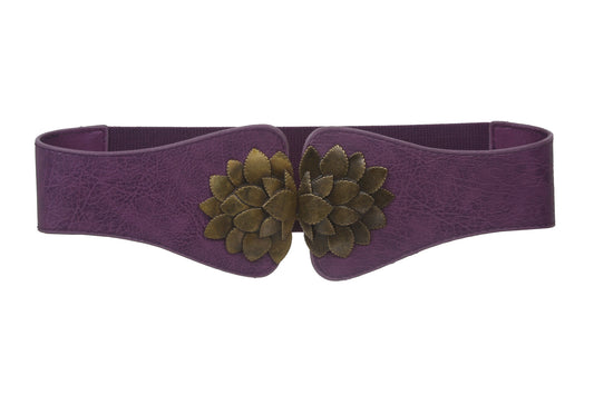 Ladies 4" Wide High Waist Floral Shape Stretch Belt With Metal Hook Buckle Size: One