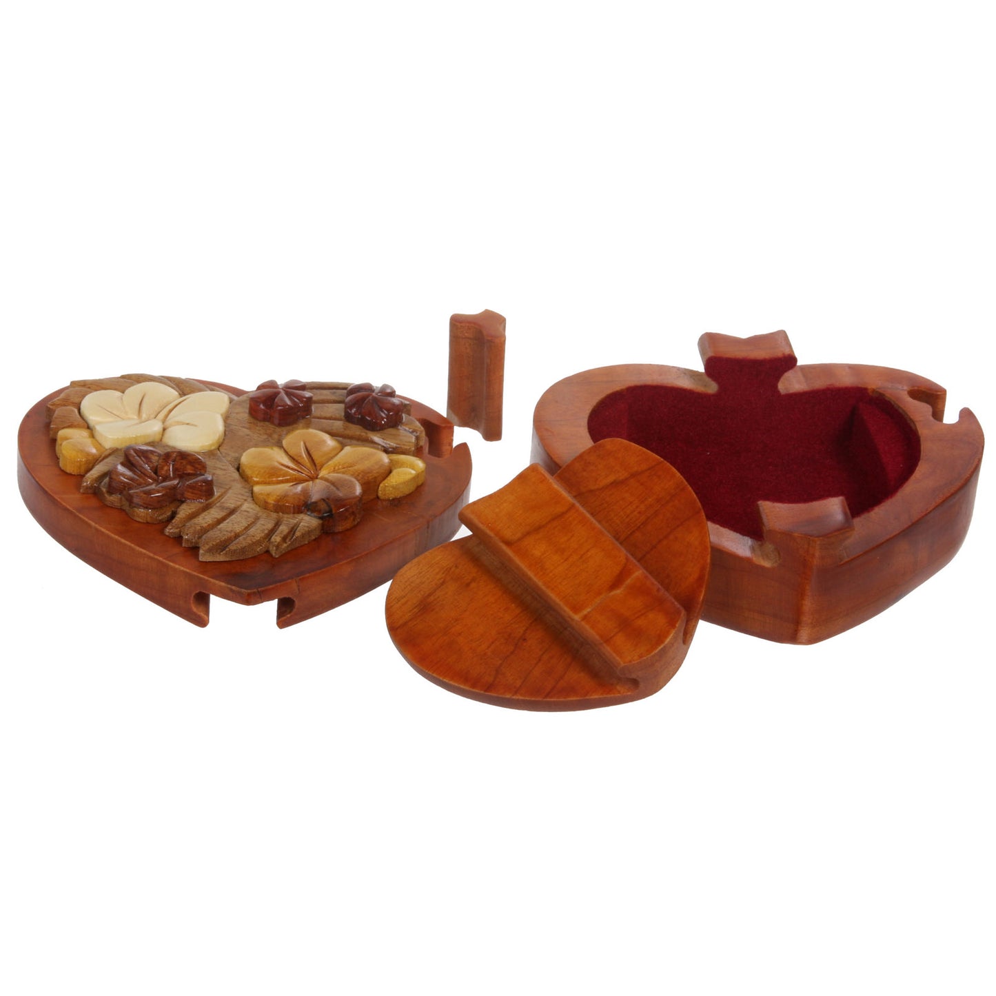 Handcrafted Wooden Heart Shape Secret Jewelry Puzzle Box - Heart & Flower