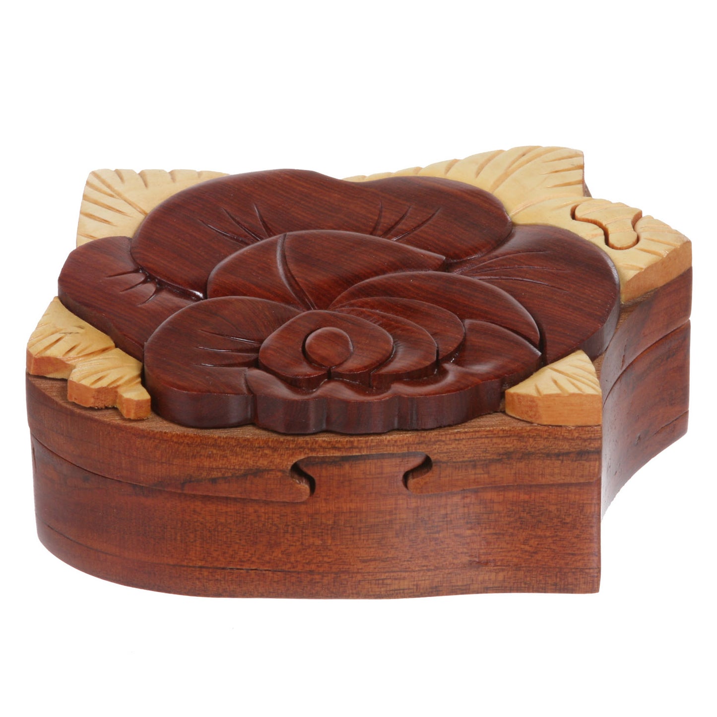 Handcrafted Wooden Rose Flower Shape Secret Jewelry Puzzle Box