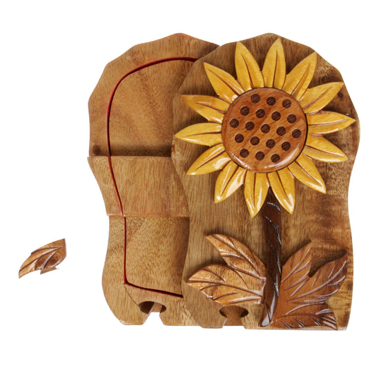 Handcrafted Wooden Sunflower Shape Secret Jewelry Puzzle Box