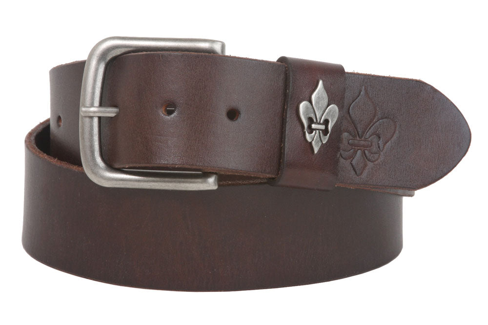 1 3/4 Inch Snap On Soft Hand Cowhide Full Grain Leather Fleur De Lis Casual Belt