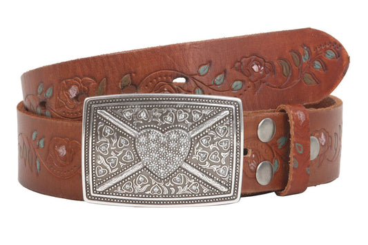 1 1/2" Snap On Floral Tree Engraved Oil Tanned Vintage Full Grain Leather Rectangular Rhinestone Heart & Flower Belt